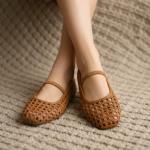 CUSHIONAIRE Women's Weavy Squared Toe Woven Ballet Flat, +Memory Foam, Wide Widths Available Cognac 9