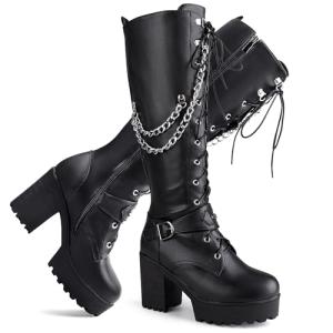 SeiteHuud Women Fashion Platform Knee High Boots Block Heels Long Boots Lace Up Winter Shoes High Heel Gothic Long Boots with Chain Black Size 43