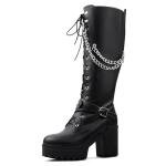 SeiteHuud Women Fashion Platform Knee High Boots Block Heels Long Boots Lace Up Winter Shoes High Heel Gothic Long Boots with Chain Black Size 43