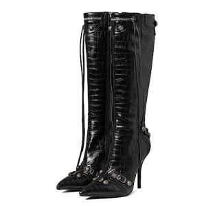 Knee High Boots for Women Fashion Slide Zipper Pointed Toe Stiletto Studded High Heel Rivets Tassel Boots Party Dress Shoes
