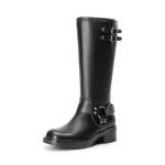 DREAM PAIRS Women's Knee High Boots Side Zipper Motorcycle Boots Square Toe Chunky Low Heel Fashion Buckles Biker Riding Boots,Size 7.5,Black-Pu,SDKB2412W