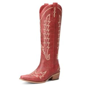 Rivalran Red Cowboy Boots for Women - Wide Calf Knee High Pointed Toe Chunky Heel Pull On Zipper Western Cowgirl Boots, Retro Country Vintage Fashion Tall Boots US Size 9