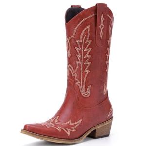Rivalran Red Cowboy Boots for Women - Cowgirl Boots with Embroidery, Chunky Heel Pointed Toe Pull-on Vintage Western Mid Calf Fashion Boots for Ladies US Size 7