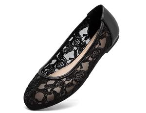 Greatonu Women's Ballet Flats Round Toe Slip on Lace Ballerina Flat Comfortable Wedding Casual Dressy Floral Flats Shoes Black Size 9