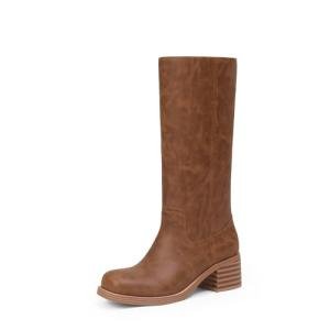 Adolilove Mid Calf Boots for Women Chunky Block Heel Women’s Tall Boots Square Toe Comfortable Casual Low Heel Trendy Stylish Boots, Light Brown, Size 8.5