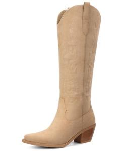 Pasuot Western Cowboy Boots for Women - Knee High Wide Calf Cowgirl Boots, Slip On Pointed Toe Chunky Heel Fashion Retro Classic Pull On Tall Boot for ladies Party concert Light Brown Suede US 8