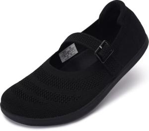WHITIN Wide Toe Box Mary Jane Flats for Women Barefoot Shoes Minimalist Zero Drop Sole Size 10 Knit Breathable Ballet Walking Outdoor Adjustable Strap Black 41