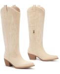 Pasuot Western Cowboy Boots for Women - Knee High Wide Calf Cowgirl Boots, Slip On Pointed Toe Chunky Heel Fashion Retro Classic Pull On Tall Boot for ladies Party concert Beige Suede US 7.5