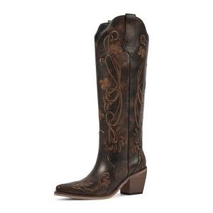 wetkiss Knee High Cowgirl Cowboy Boots for Women Dark Brown Western Cowgirl Boots Womens Country Western Tall
