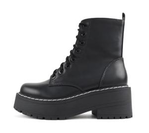 Soda FLING Women Chunky Lug Sole Lace up Fashion Combat Ankle Boot w/Side Zipper (Black Pu, 8.5)