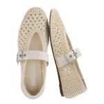 CUSHIONAIRE Gabby Woven Mary Jane Ballet Flats for Women, Comfortable Dressy Flat Shoes with Adjustable Gold-Tone Buckle and Memory Foam Cushioning, Cream 6.5