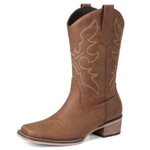 Bybmorto Brown Cowboy Boots for Women Square Toe - Mid Calf Western Cowgirl Boots with Embroidery, Pull On Low Chunky Heel Fashion Footwear for Daily Casual Party Country Concert, Size US 8