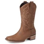 Bybmorto Brown Cowboy Boots for Women Square Toe - Mid Calf Western Cowgirl Boots with Embroidery, Pull On Low Chunky Heel Fashion Footwear for Daily Casual Party Country Concert, Size US 8