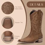 Bybmorto Brown Cowboy Boots for Women Square Toe - Mid Calf Western Cowgirl Boots with Embroidery, Pull On Low Chunky Heel Fashion Footwear for Daily Casual Party Country Concert, Size US 8