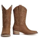 Bybmorto Brown Cowboy Boots for Women Square Toe - Mid Calf Western Cowgirl Boots with Embroidery, Pull On Low Chunky Heel Fashion Footwear for Daily Casual Party Country Concert, Size US 8