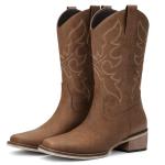 Bybmorto Brown Cowboy Boots for Women Square Toe - Mid Calf Western Cowgirl Boots with Embroidery, Pull On Low Chunky Heel Fashion Footwear for Daily Casual Party Country Concert, Size US 8