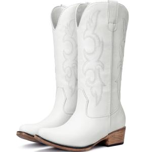 Choiran White Cowboy Boots for Women - Embroidered Cowgirl Boots Western Mid Calf Fashion Chunky Heel Pointed Toe Country Boot