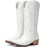 Choiran White Cowboy Boots for Women - Embroidered Cowgirl Boots Western Mid Calf Fashion Chunky Heel Pointed Toe Country Boot