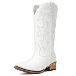 Choiran White Cowboy Boots for Women - Embroidered Cowgirl Boots Western Mid Calf Fashion Chunky Heel Pointed Toe Country Boot
