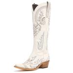 vodvob Western Cowboy Boots for Women Embroidered Rhinestones Knee High Cowgirl Boots Pointed Toe Chunky Heel Fashion Retro Classic Tall Boot