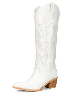 Pasuot Western Cowboy Boots for Women - Knee High Wide Calf Cowgirl Boots, Slip On Pointed Toe Chunky Heel Fashion Retro Classic Pull On Tall Boot for ladies Party concert White US 8.5
