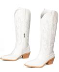 Pasuot Western Cowboy Boots for Women - Knee High Wide Calf Cowgirl Boots, Slip On Pointed Toe Chunky Heel Fashion Retro Classic Pull On Tall Boot for ladies Party concert White US 8.5