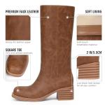 Adolilove Mid Calf Boots for Women Chunky Block Heel Women’s Tall Boots Square Toe Comfortable Casual Low Heel Trendy Stylish Boots, Light Brown, Size 7