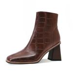 MOTIMODEN Womens Ankle Boots Chunky Mid Heel Brown Booties Retro Square Pointed Toe Side Zipper Short Boots Heeled Shoes for Women Fall Winter Brown XYY-M2005BR