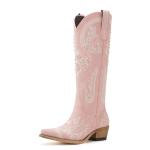 vodvob Western Cowboy Boots for Women Embroidered Rhinestones Knee High Cowgirl Boots Pointed Toe Chunky Heel Fashion Retro Classic Tall Boot