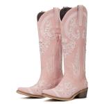 vodvob Western Cowboy Boots for Women Embroidered Rhinestones Knee High Cowgirl Boots Pointed Toe Chunky Heel Fashion Retro Classic Tall Boot