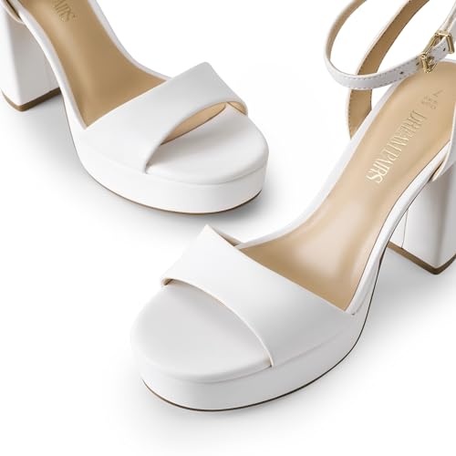 Stylish White Chunky Ankle Strap Heeled Sandals