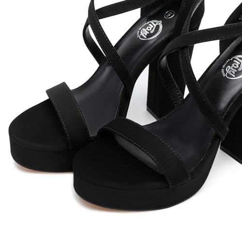 Trary Women's Black Strappy Chunky High Heel Sandals