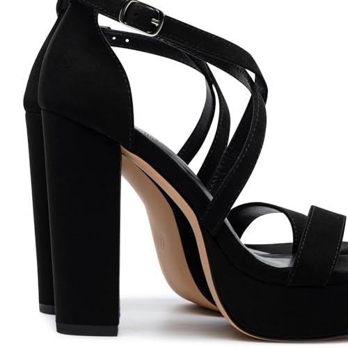 Trary Women's Black Strappy Chunky High Heel Sandals