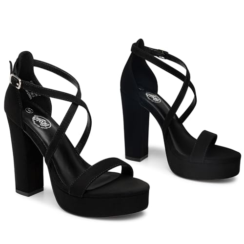 Trary Women's Black Strappy Chunky High Heel Sandals