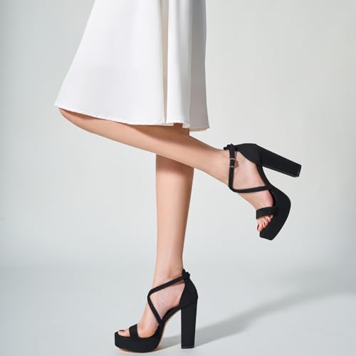 Trary Women's Black Strappy Chunky High Heel Sandals