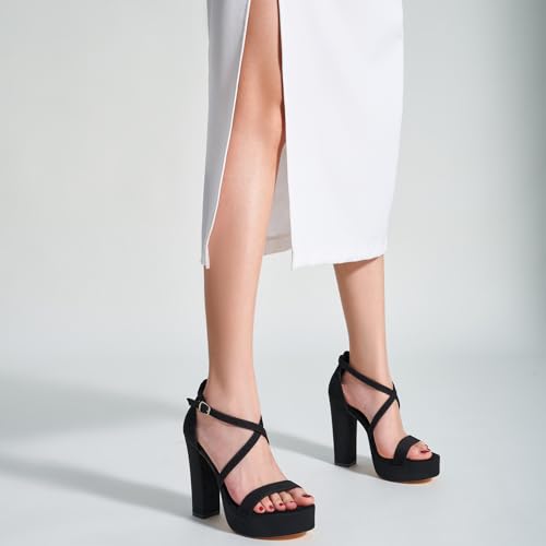 Trary Women's Black Strappy Chunky High Heel Sandals