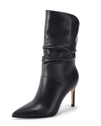 Coutgo Women's Black Slouchy Mid Calf Stiletto Boots