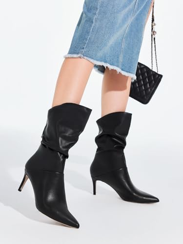 Coutgo Women's Black Slouchy Mid Calf Stiletto Boots