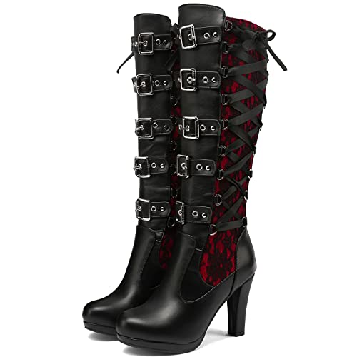 KysBloes Women Red Lace Up Knee High Boots