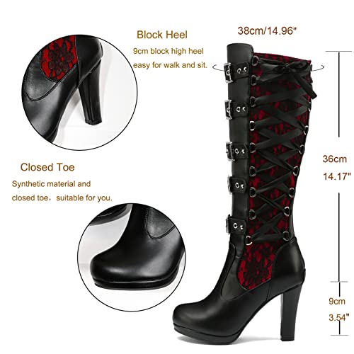 KysBloes Women Red Lace Up Knee High Boots