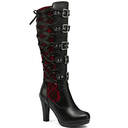 KysBloes Women Red Lace Up Knee High Boots