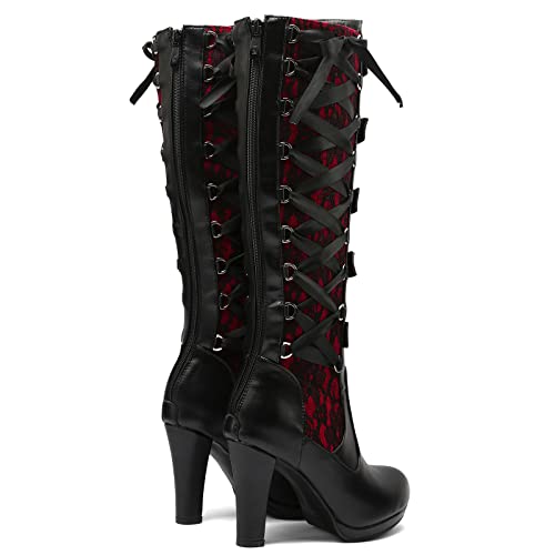 KysBloes Women Red Lace Up Knee High Boots
