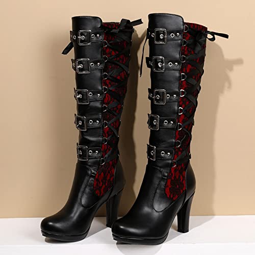 KysBloes Women Red Lace Up Knee High Boots