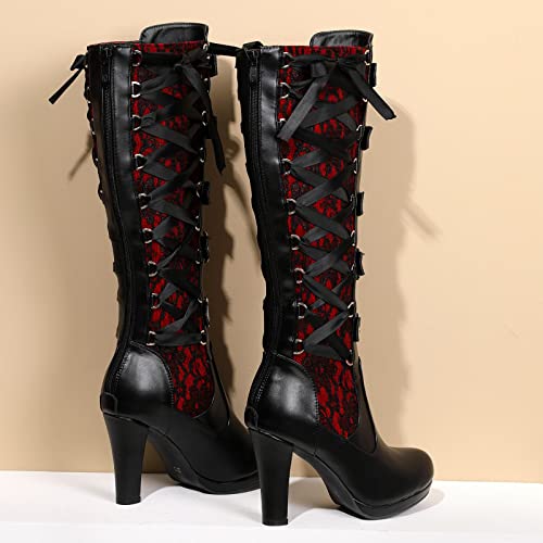 KysBloes Women Red Lace Up Knee High Boots