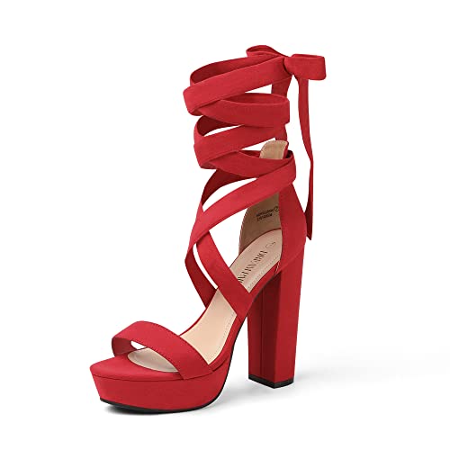 DREAM PAIRS Red Chunky Block Platform Heels