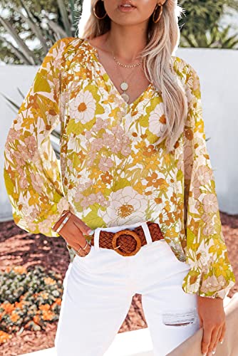 Boho Floral Blouse: V-Neck, Long Puff Sleeves