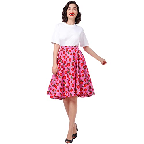 High Waisted Skirts for Women 1950s Strawberry Printed A Line Skirt Vintage Printed Midi Skirt 50s 60s Audrey Rockabilly Party Flare Skirt Retro Prom Knee Length Skirts Pink Berrry Large