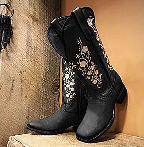 Butterfly Embroidered Retro Cowboy Boots - Women's Mid-Calf
