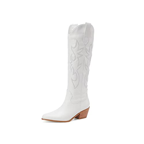 Women's Vintage White Embroidered Knee High Cowboy Boots