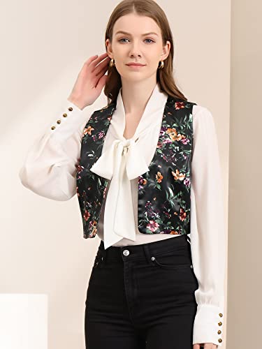 Floral Satin Waistcoat for Women - Medium Black
